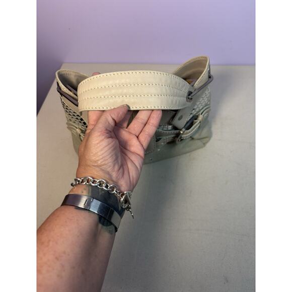 Jimmy Choo Buckle Studded Tulita Hobo Shoulder Bag Tan Canvas - Picture 9 of 16